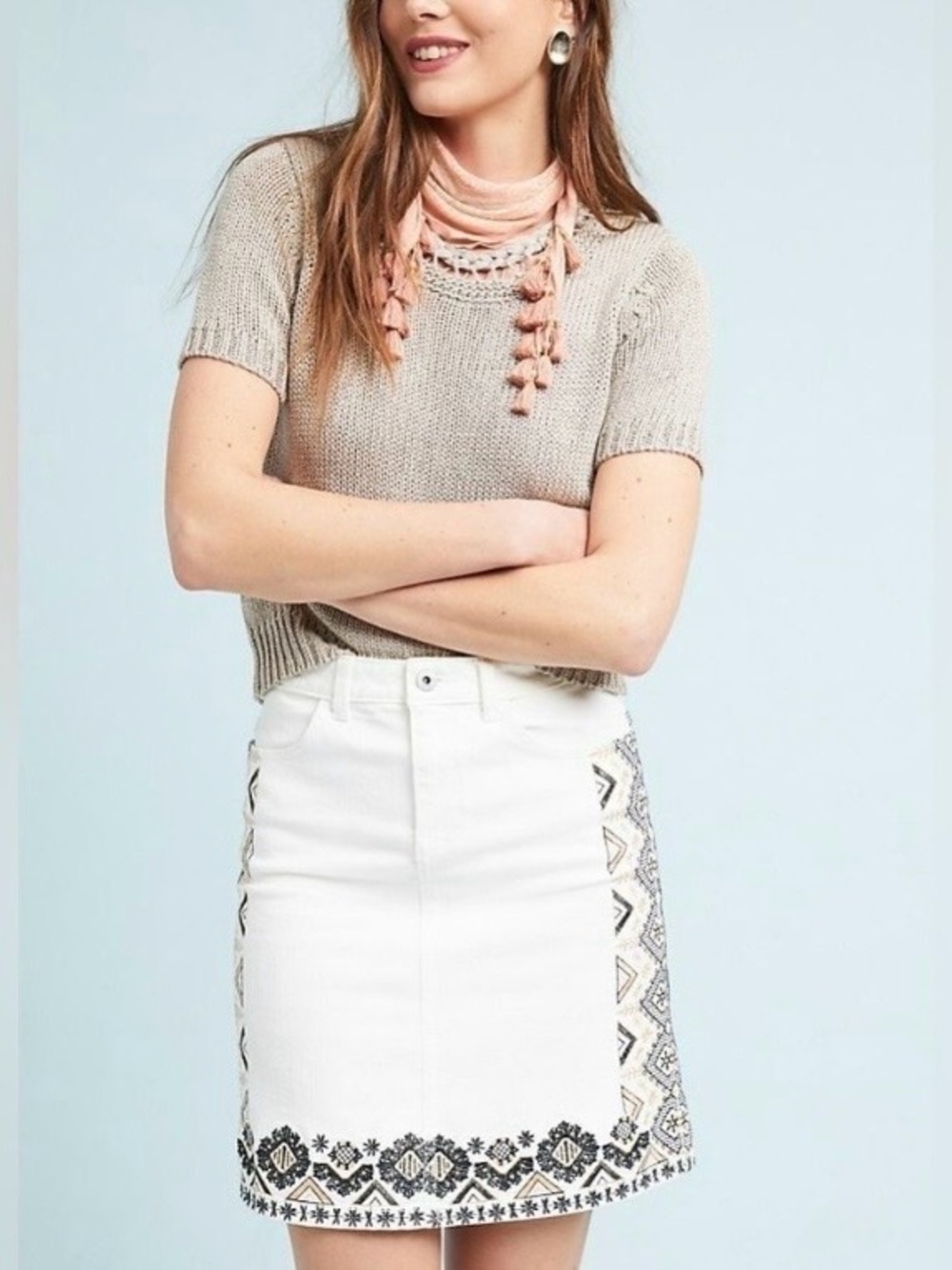 Anthropologie Pilcro Embroidered Denim Mini Skirt in White Size 14